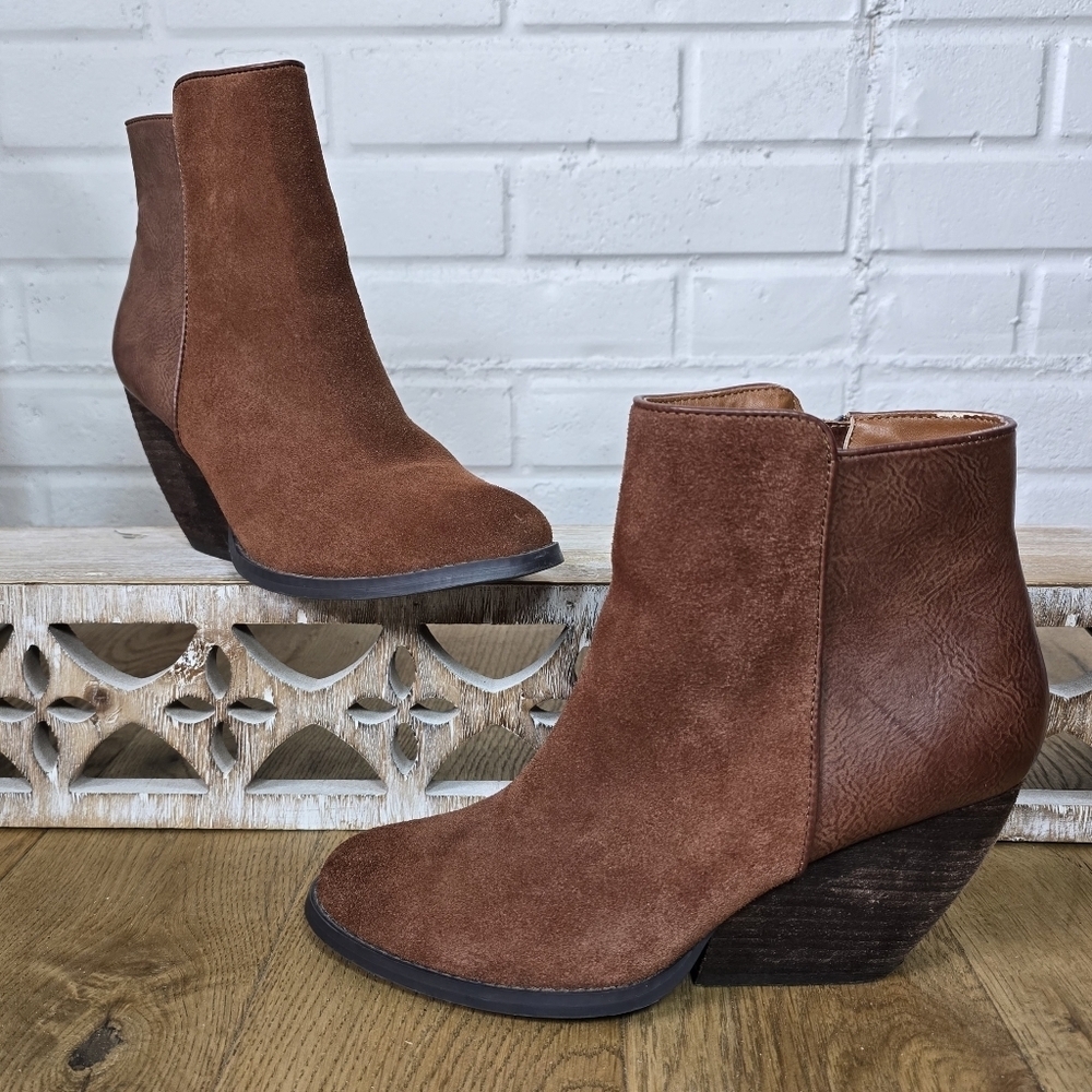 Very Volatile Brown Suede and Leather Heeled Ankle Boots Size 9